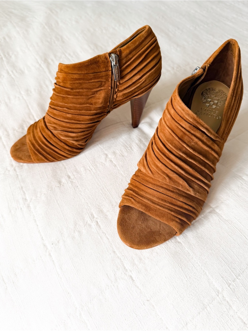 Vince Camuto Ruched Suede Peep-Toe Booties